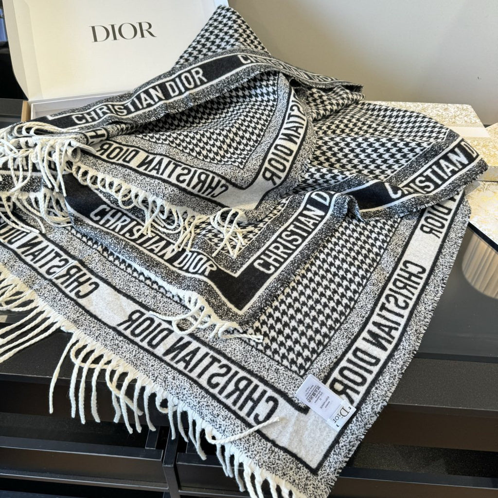Dior Houndstooth Fringed Square Scarf & Shawl